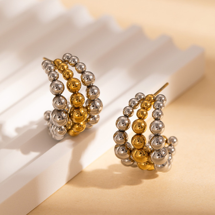 Earrings Niche Light Luxury Design Sense Studs Curved Gradient Drop Earrings Round Beads C-shaped Earrings Cross-border Titanium Steel Earrings for Women