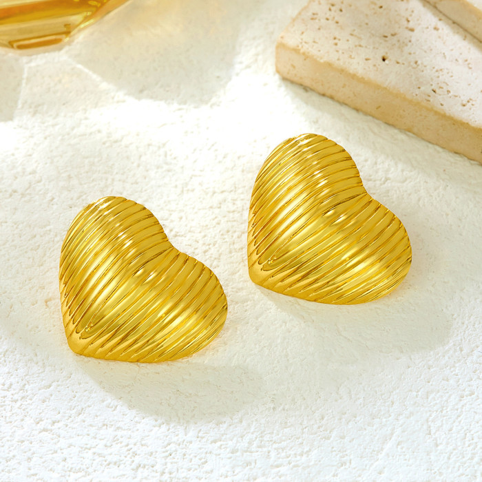 Cross-Border Hot Selling Striped Heart Earrings Stainless Steel Gold High-End Versatile Earrings Fashionable Elegant Light Luxury Ear Jewelry
