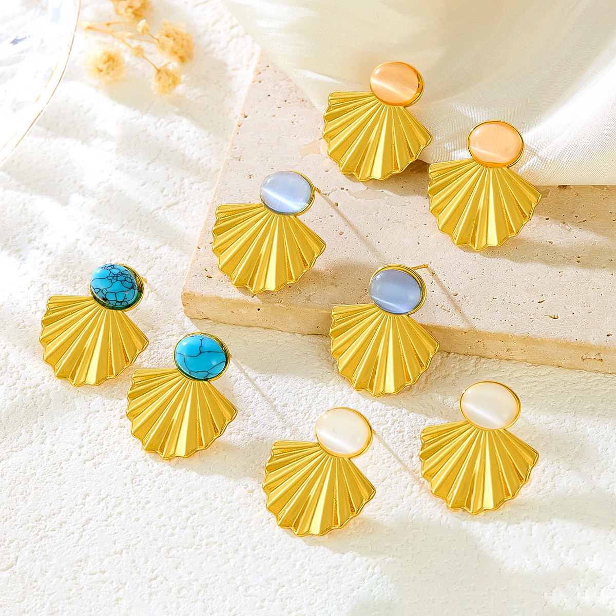 Summer INS Earrings French Retro Light Luxury Niche Titanium Steel Turquoise Inlaid Irregular Fan-shaped Exquisite Ear Jewelry