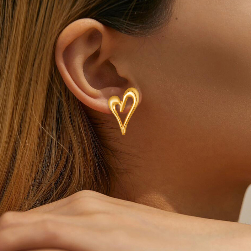 Stainless Steel Hollow Heart Stud Earrings Trendy Minimalist Style Creative Line Heart-shaped Earrings