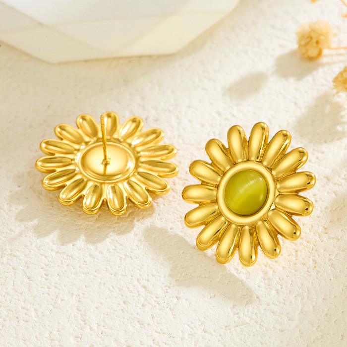 Hot Selling Pink Topaz Flower Stud Earrings for Women Colorful Cat's Eye Stone Chrysanthemum Daisy Earrings Factory D...