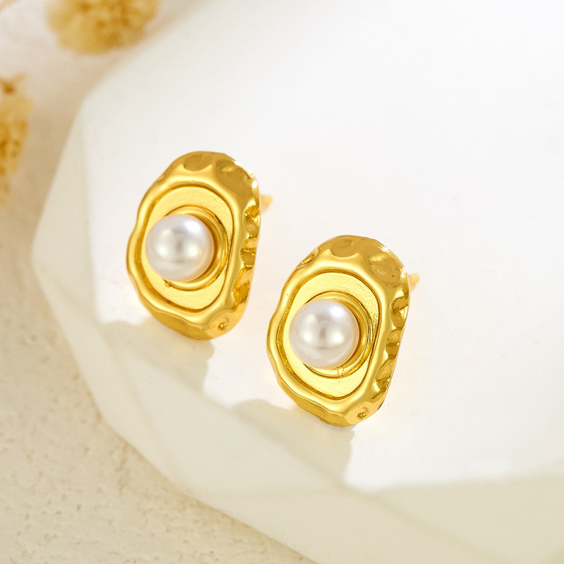 Cross-Border INS Internet Celebrity Trendy Jewelry 18K Gold Stainless Steel Earrings Imitation Pearl Tiger Eye Oval Earrings Fashionable