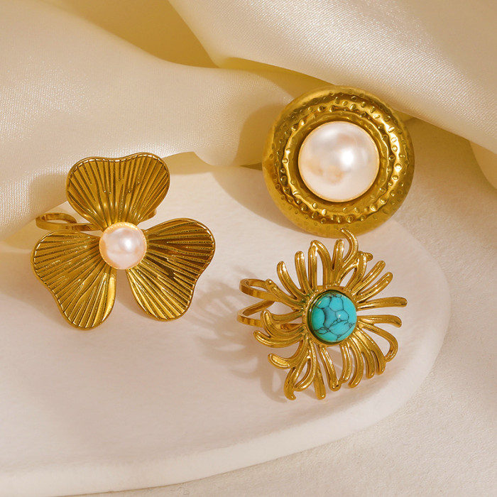 Flower Ring Stainless Steel High Quality Ring Retro Turquoise Pearl Index Finger Ring Starfish Ocean Ring Non-Fading