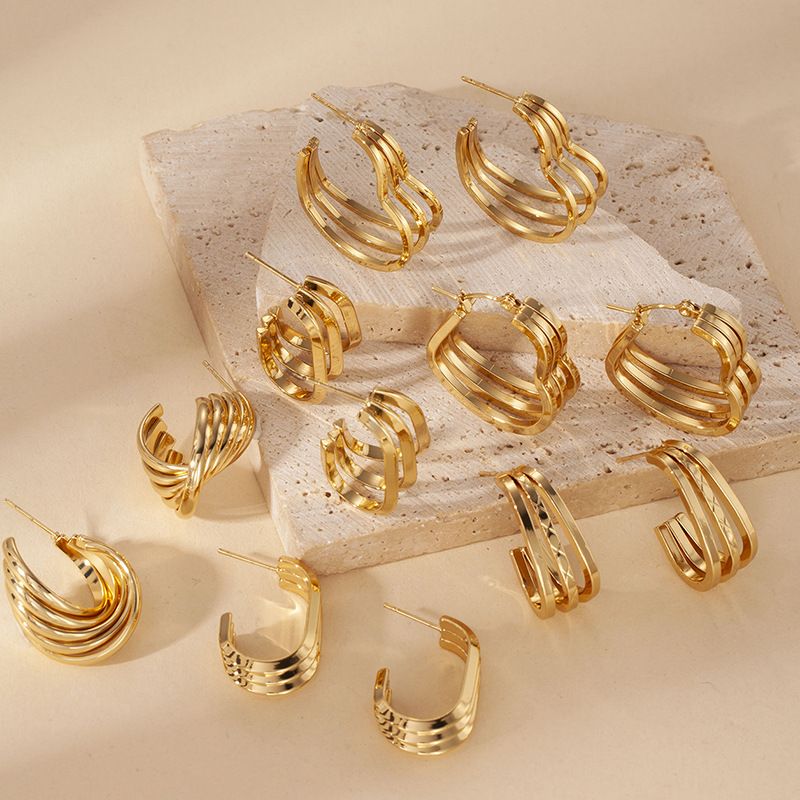 European and American New Style Metallic Line Earrings High-end Hoop Stainless Steel Earrings Square Braided Pattern Stud Earrings