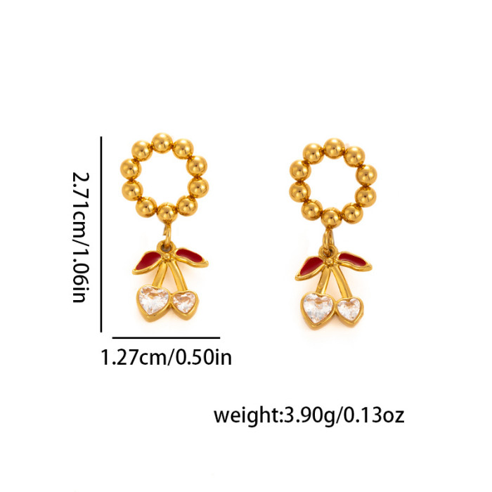 Stainless Steel Earrings Fruit Series Cherry Earrings Heart-shaped Stone Stud Earrings Light Luxury High-end Earrin...