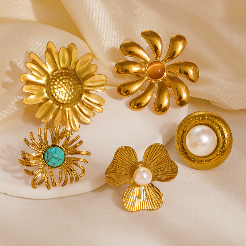 Flower Ring Stainless Steel High Quality Ring Retro Turquoise Pearl Index Finger Ring Starfish Ocean Ring Non-Fading