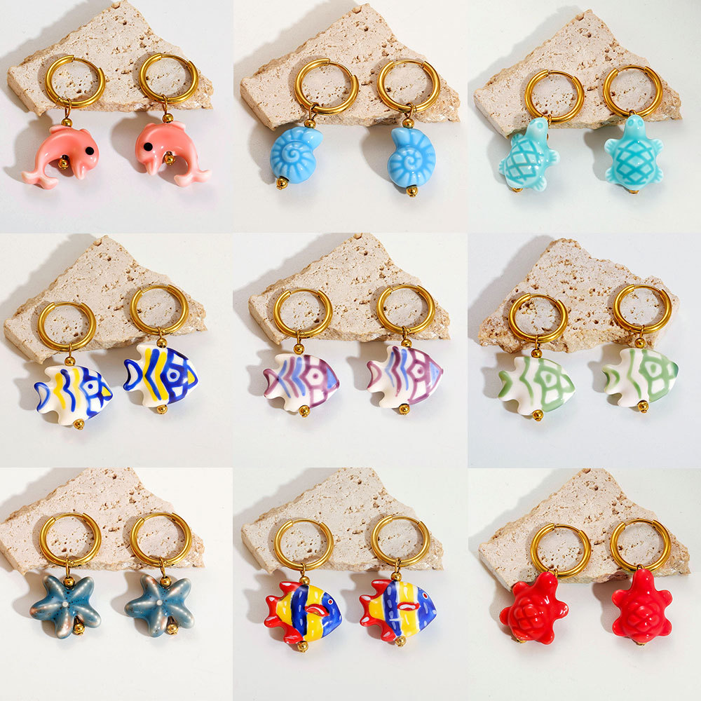 Cross-Border New Ocean Earrings Stainless Steel Ear Jewelry Niche Design Starfish Dolphin Small Fish Non-Fading Titanium Steel Earrings