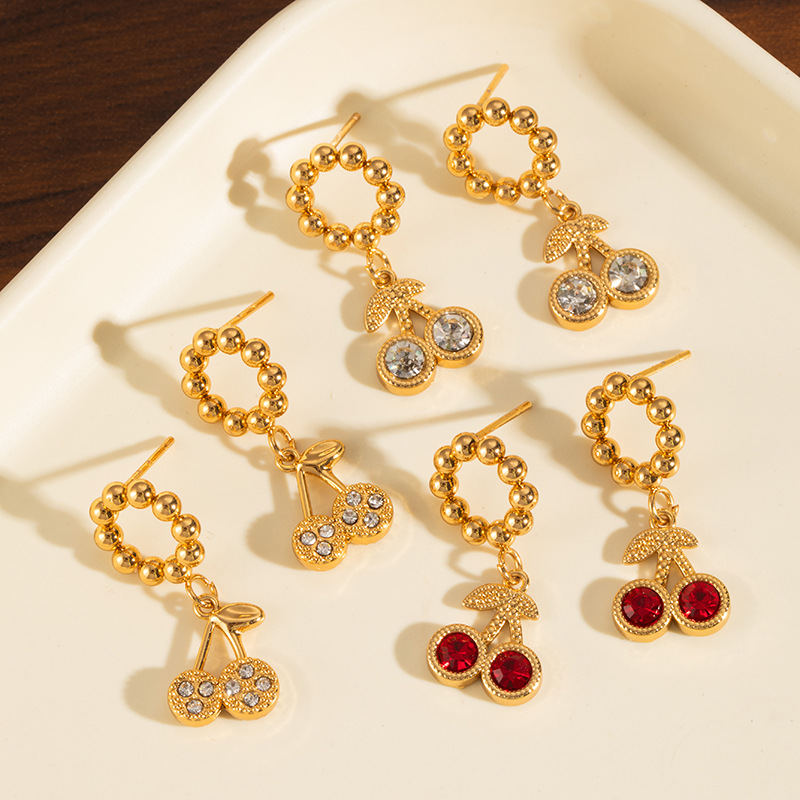 Colorful Cherry Earrings Fruit Shape Colorful Diamond Earrings Broken Diamond Zircon Earrings Stainless Steel Earrings Plated 18K Gold