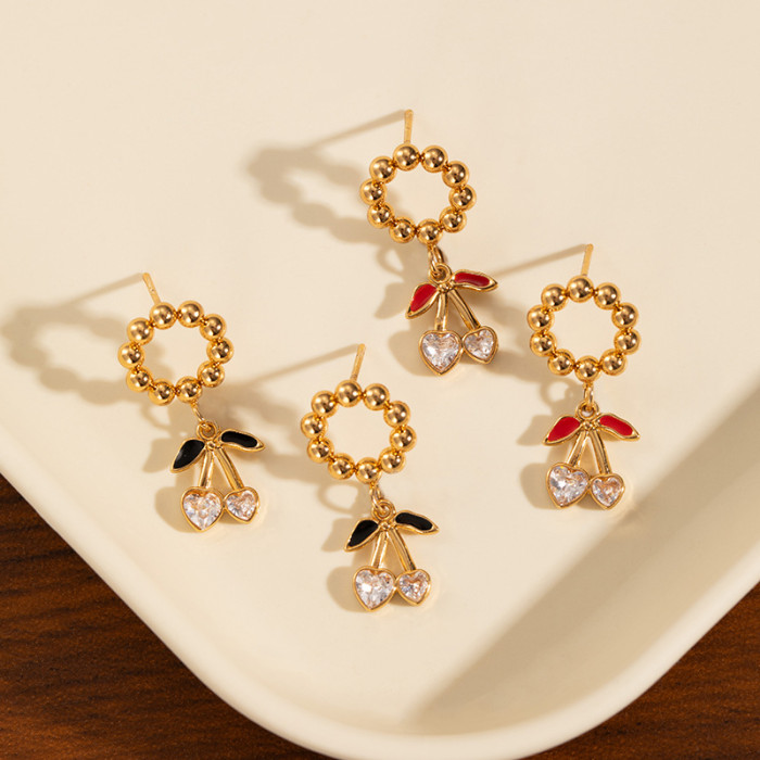 Stainless Steel Earrings Fruit Series Cherry Earrings Heart-shaped Stone Stud Earrings Light Luxury High-end Earrin...