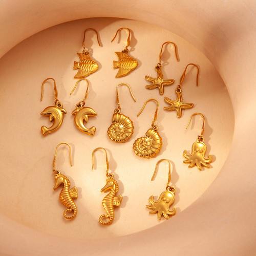 Cross-Border Hot Selling Vacation Style Earrings Stainless Steel Conch Earrings Starfish Small Fish Earrings 18K Gold Washable Earrings