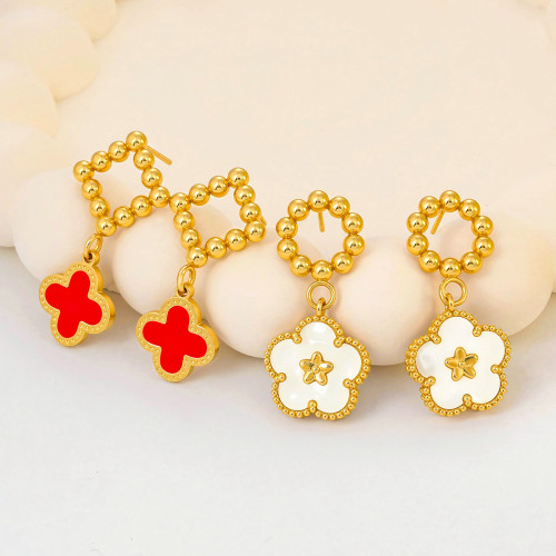 Stainless Steel Earrings Four-Leaf Clover Studs European and American Gold-Plated White Mother-of-Pearl Petal Drop Earrings for Women Titanium Steel Earrings Non-Fading