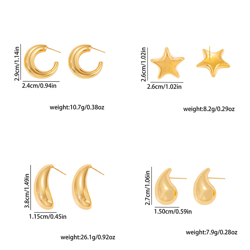 Balloon Chubby Five-Pointed Star Earrings Stainless Steel Earrings Non-Fading Bath Safe Crescent Hollow Earrings
