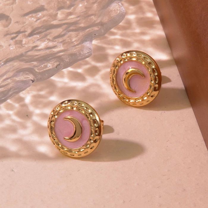 Stainless Steel Earrings Elegant French Style Vintage Moon Round Pendant Earrings Light Luxury High-end Enamel Earrin...
