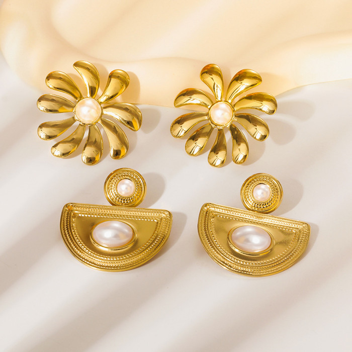 Style Stainless Steel Earrings Pearl Light Luxury High-end Flower Round Geometric Drop Earrings Titanium Steel Stud E...