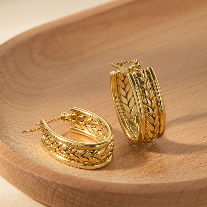 European and American New Style Metallic Line Earrings High-end Hoop Stainless Steel Earrings Square Braided Pattern Stud Earrings
