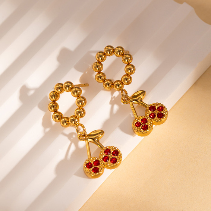 Stainless Steel Earrings Fruit Series Cherry Earrings Heart-shaped Stone Stud Earrings Light Luxury High-end Earrin...
