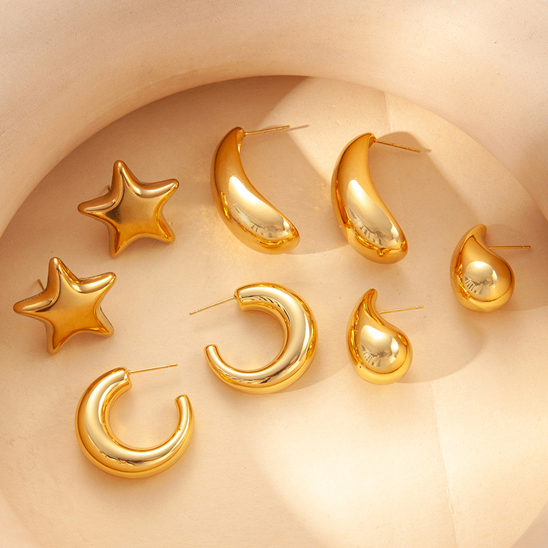 Balloon Chubby Five-Pointed Star Earrings Stainless Steel Earrings Non-Fading Bath Safe Crescent Hollow Earrings