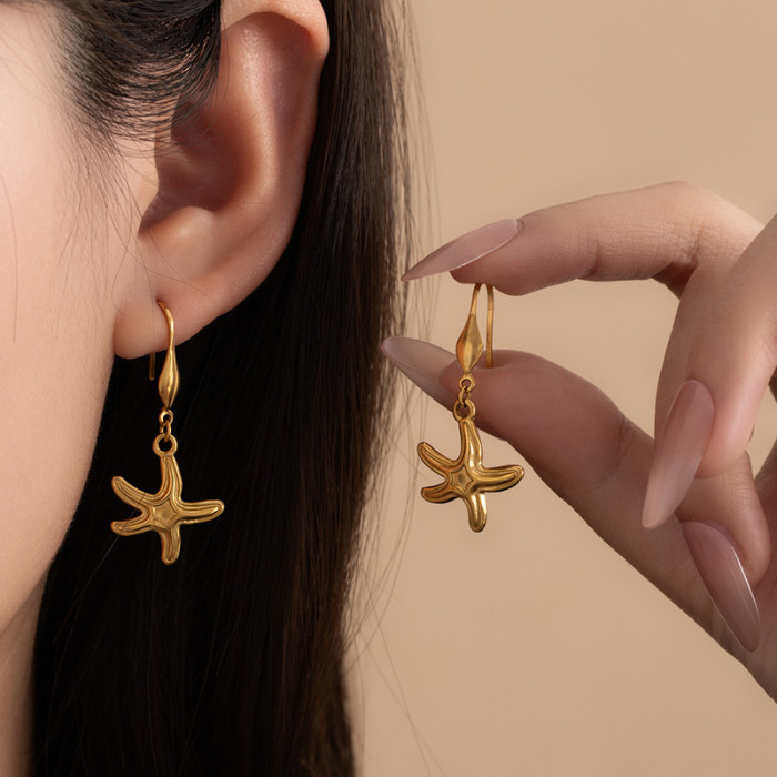 Hot Selling Vacation Style Earrings Stainless Steel Conch Earrings Starfish Small Fish Earrings 18K Gold Washable Ear...