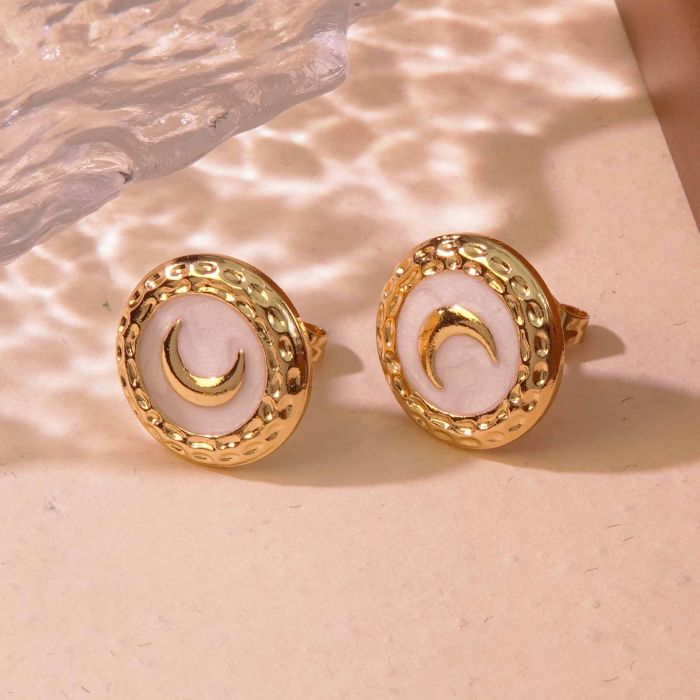 Stainless Steel Earrings Elegant French Style Vintage Moon Round Pendant Earrings Light Luxury High-end Enamel Earrin...