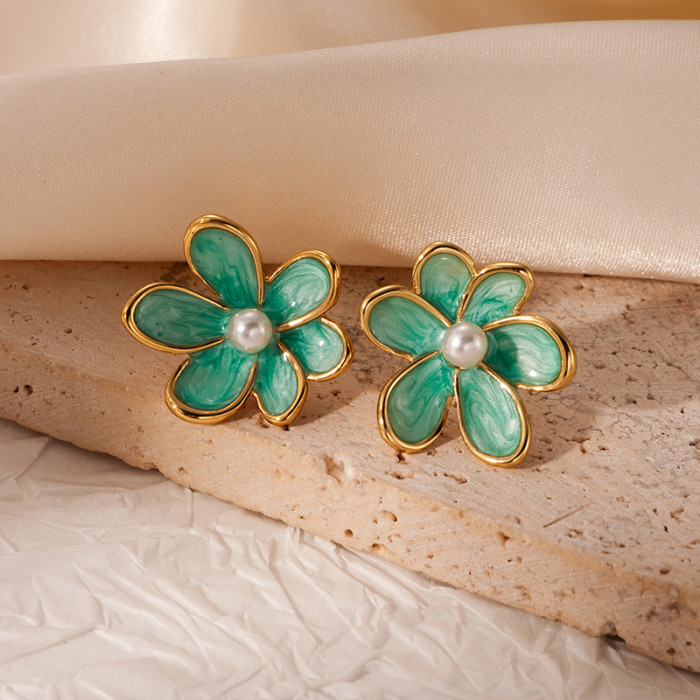 Stainless Steel Earrings Summer Flower Studs Enamel Studs European and American Cross-Border Colorful Studs Vintage Colorful Oil Drop Earrings