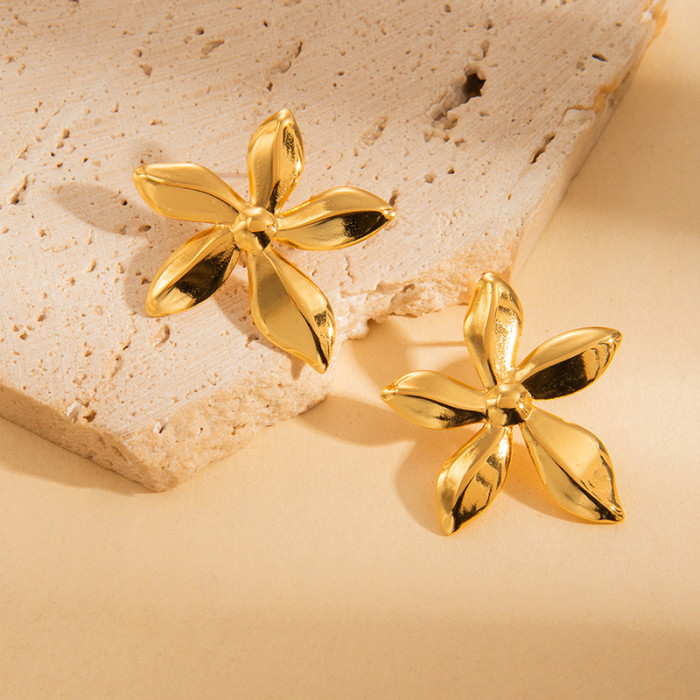 Eye-Catching Large Studs Stainless Steel Earrings Golden Five Petal Flower Earrings High-Grade Non-Fading Earrings Ti...