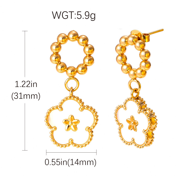 Stainless Steel Earrings Four-Leaf Clover Studs Gold Plated White Mother-of-Pearl Petal Drop Earrings for Women Titan...