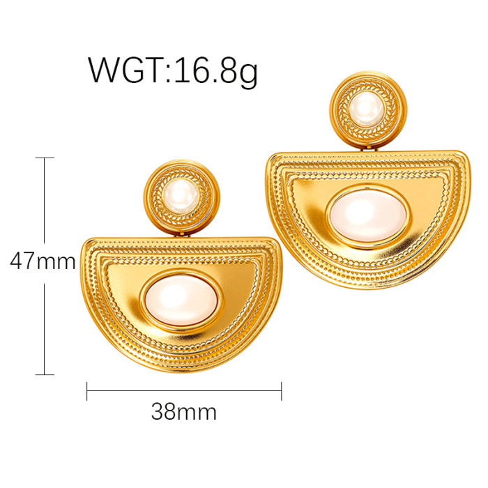 Style Stainless Steel Earrings Pearl Light Luxury High-end Flower Round Geometric Drop Earrings Titanium Steel Stud E...