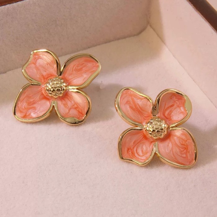 Stainless Steel Earrings Summer Flower Studs Enamel Studs European and American Cross-Border Colorful Studs Vintage Colorful Oil Drop Earrings