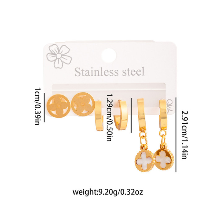 304 Stainless Steel Earrings Golden Set Non-Fading High-Grade Earrings 3 Pairs Set Ear Clover Butterfly Studs