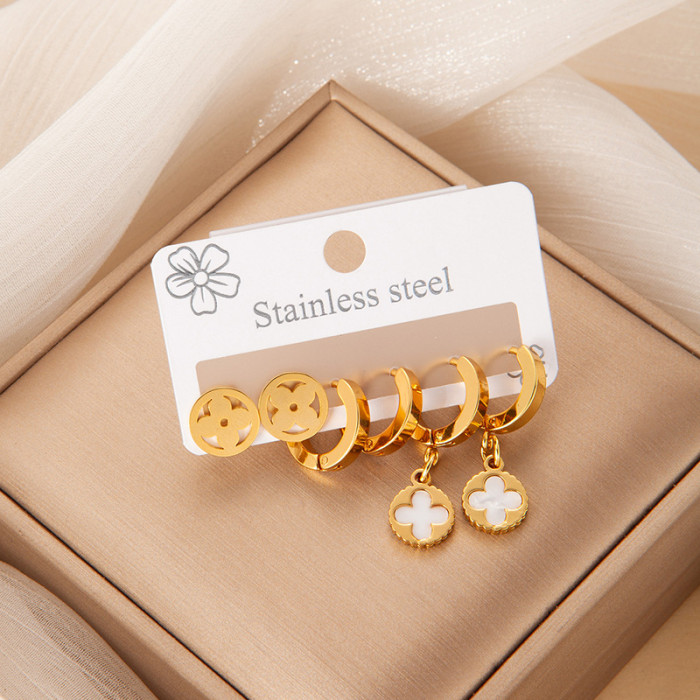 304 Stainless Steel Earrings Golden Set Non-Fading High-Grade Earrings 3 Pairs Set Ear Clover Butterfly Studs