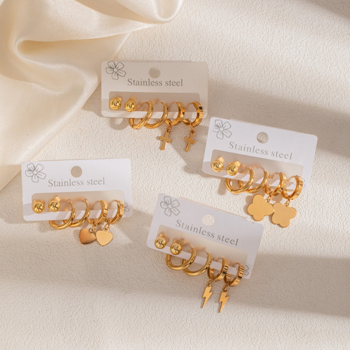 Stainless Steel Earrings Cross-Border European and American Flower Note Butterfly Earrings Suit Ear Ring Love Titanium Steel Ear Studs Female Earrings