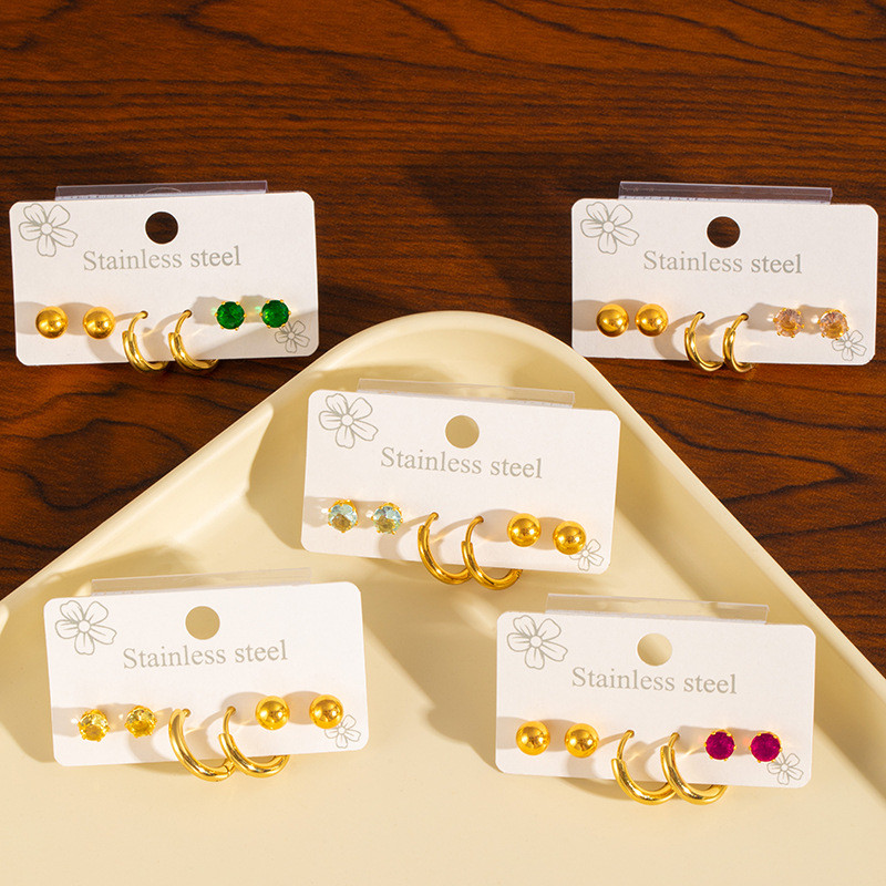 Fashion Titanium Steel Colorful Round Diamond Earrings High-end Gold-plated Zircon Studs Round Hoop Earrings Non-fading Bead Earrings