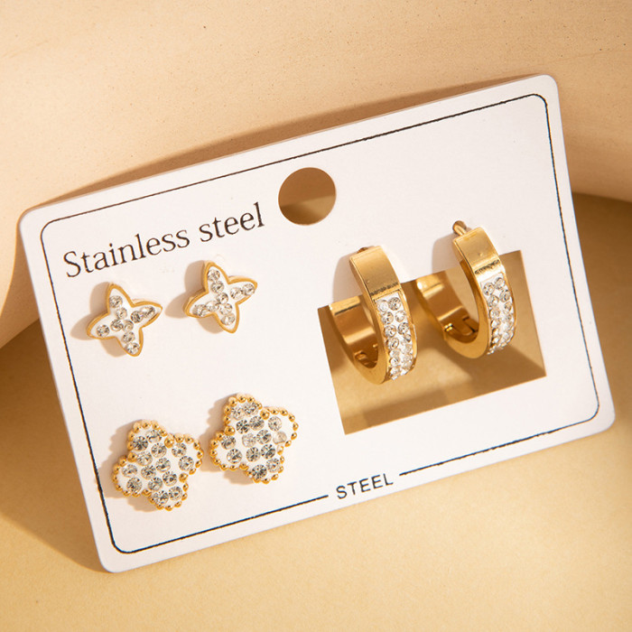 Stainless Steel Earring Set Vintage Pattern Earrings Zircon Heart Studs French Non-Fading Earrings Pearl Ear Jewelry