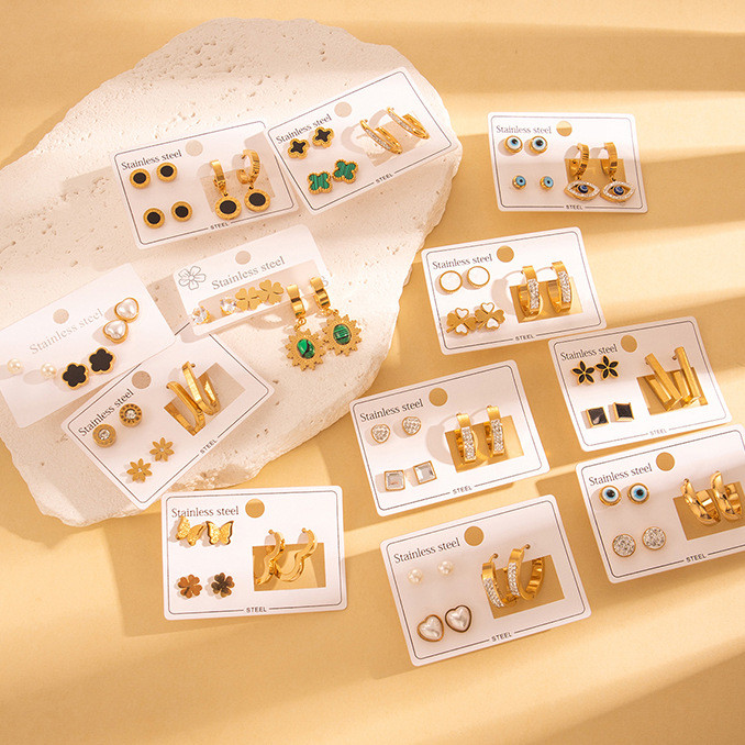 Stainless Steel Earring Set Four-leaf Clover Roman Numeral Stud Earrings Devil's Eye Stud Earrings Titanium Steel 18k Gold Plated Earrings