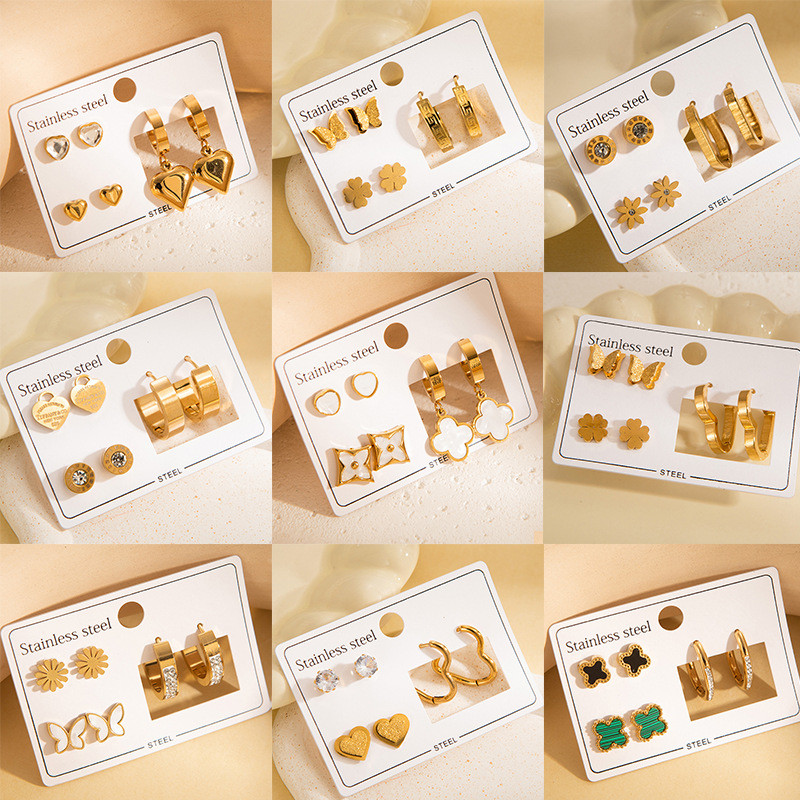 Shower-proof Stainless Steel Earrings Cross-border Hot-selling Earring Set Heart Clover Earrings Korean Style Earrings for Women
