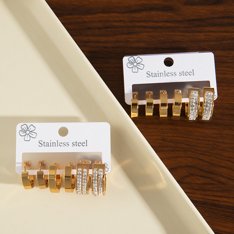 Stainless Steel Earring Set Gold Color Non-Fading High-End Feel Earrings 3 Pairs Set with Small Diamonds Hoop Earrings 18K Gold Plated Earrings