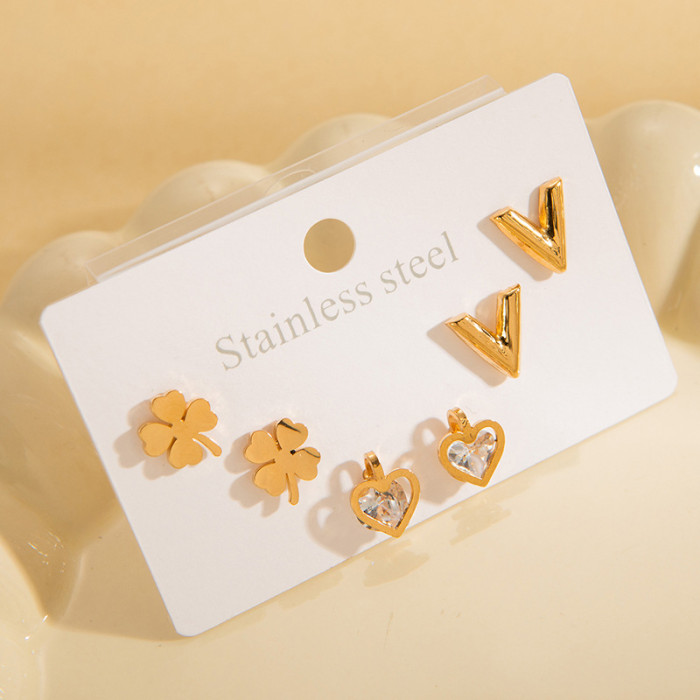 Stainless Steel Four-Leaf Clover Earrings Non-Allergenic Ear Jewelry High-End Pearl Zircon Earrings Roman Numeral Titanium Steel Ear Jewelry