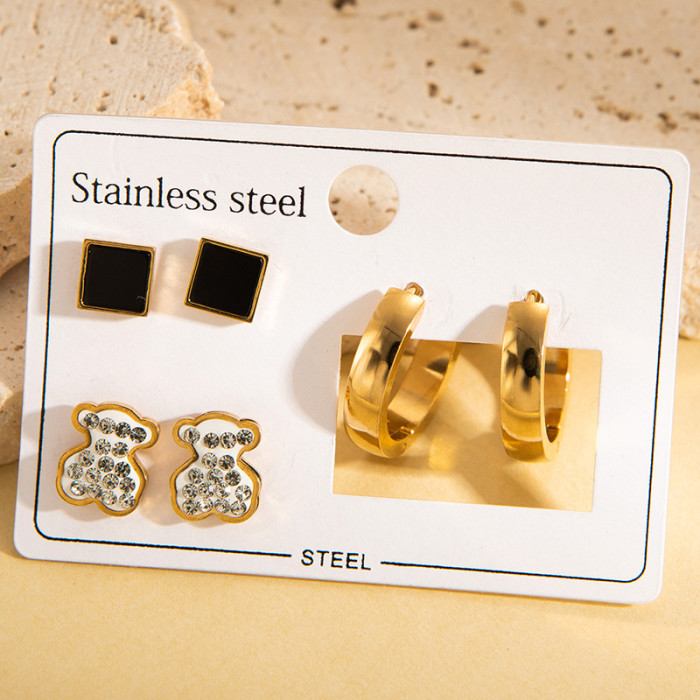 Stainless Steel Earring Set Vintage Pattern Earrings Zircon Heart Studs French Non-Fading Earrings Pearl Ear Jewelry