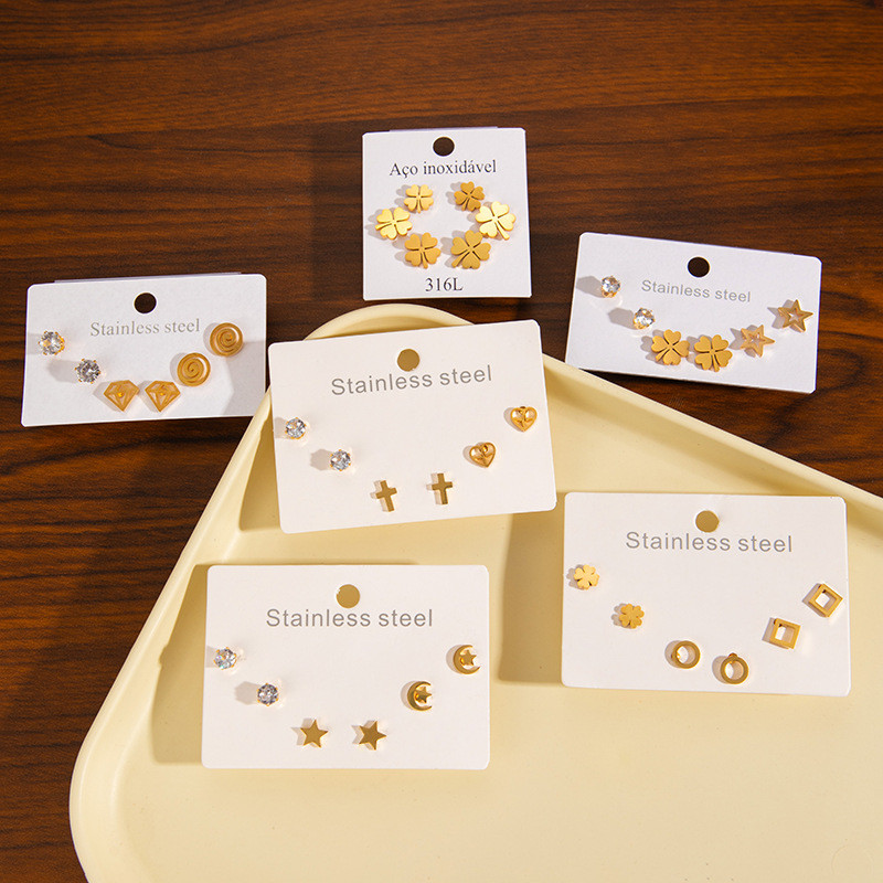 Korean Style Small Earrings Heart Moon Butterfly Cross Earrings Titanium Steel Earrings Stainless Steel Earrings Zircon Set