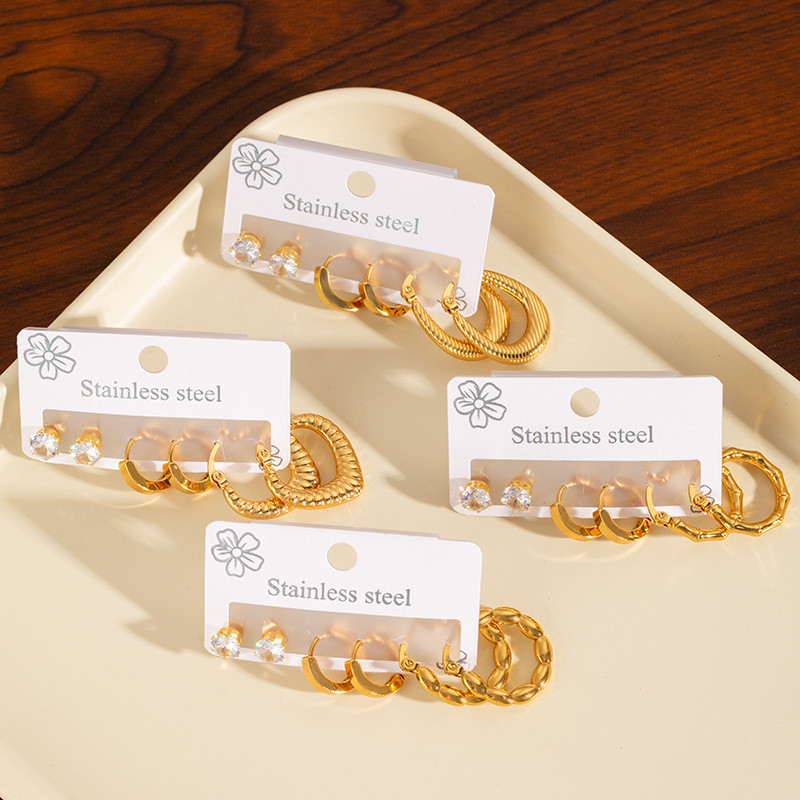 Korean Style High-End Stainless Steel Earring Set Exquisite Zircon Small Stud Earrings Non-Fading Hoop Earrings Ear Jewelry