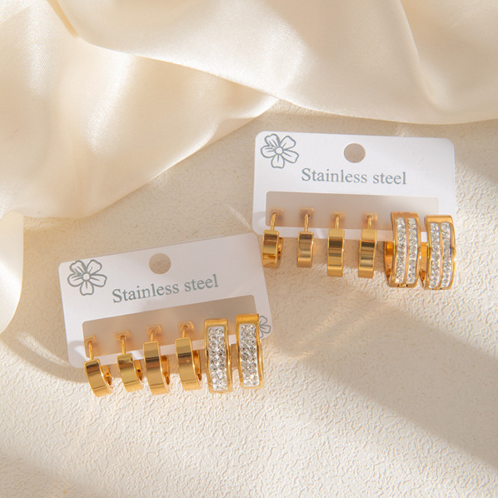 Stainless Steel Earring Set Gold Color Non-Fading High-End Feel Earrings 3 Pairs Set with Small Diamonds Hoop Earrings 18K Gold Plated Earrings