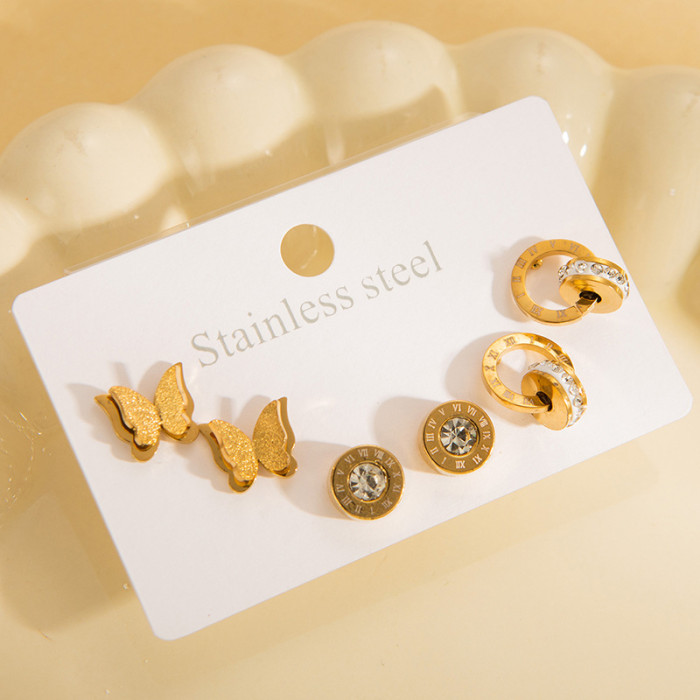 Stainless Steel Earring Set Four-leaf Clover Roman Numeral Stud Earrings Devil's Eye Stud Earrings Titanium Steel 18k Gold Plated Earrings