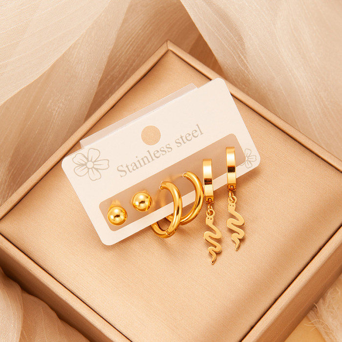 Stainless Steel Earrings Suit Three Pairs of One Card Earrings High Quality Bath Can Be with Earrings Do Not Fade Bean-Shaped Stud Earrings