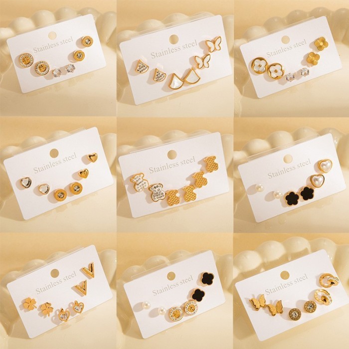 Stainless Steel Earring Set Vintage Pattern Earrings Zircon Heart Studs French Non-Fading Earrings Pearl Ear Jewelry