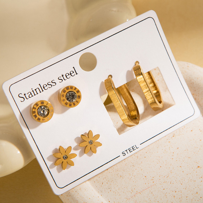 Stainless Steel Earring Set Four-leaf Clover Roman Numeral Stud Earrings Devil's Eye Stud Earrings Titanium Steel 18k Gold Plated Earrings