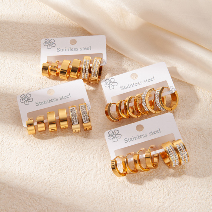 304 Stainless Steel Earrings Golden Set Non-Fading High-Grade Earrings 3 Pairs Set Ear Clover Butterfly Studs