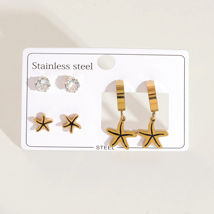 Shell Starfish Stainless Steel Earrings Light Luxury High-Grade Special Interest Earrings Gold-Plated Summer Marine Style Titanium Steel Earrings