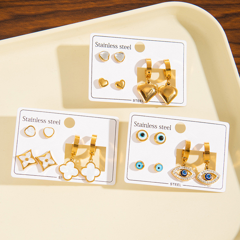 Stainless Steel Studs Suit Evil Eyes Earrings Shell Clover Earrings Heart Shape Rhinestone Stud Earrings Titanium Steel Ear Ring