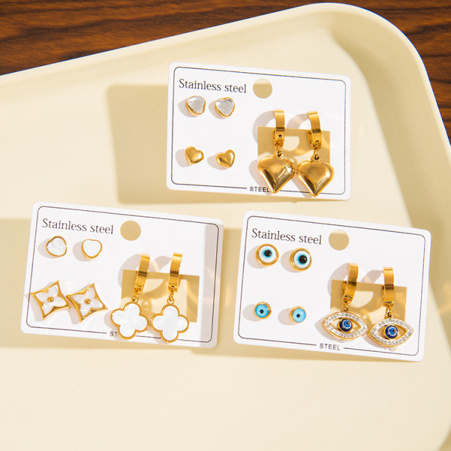 Stainless Steel Studs Suit Evil Eyes Earrings Shell Clover Earrings Heart Shape Rhinestone Stud Earrings Titanium Steel Ear Ring