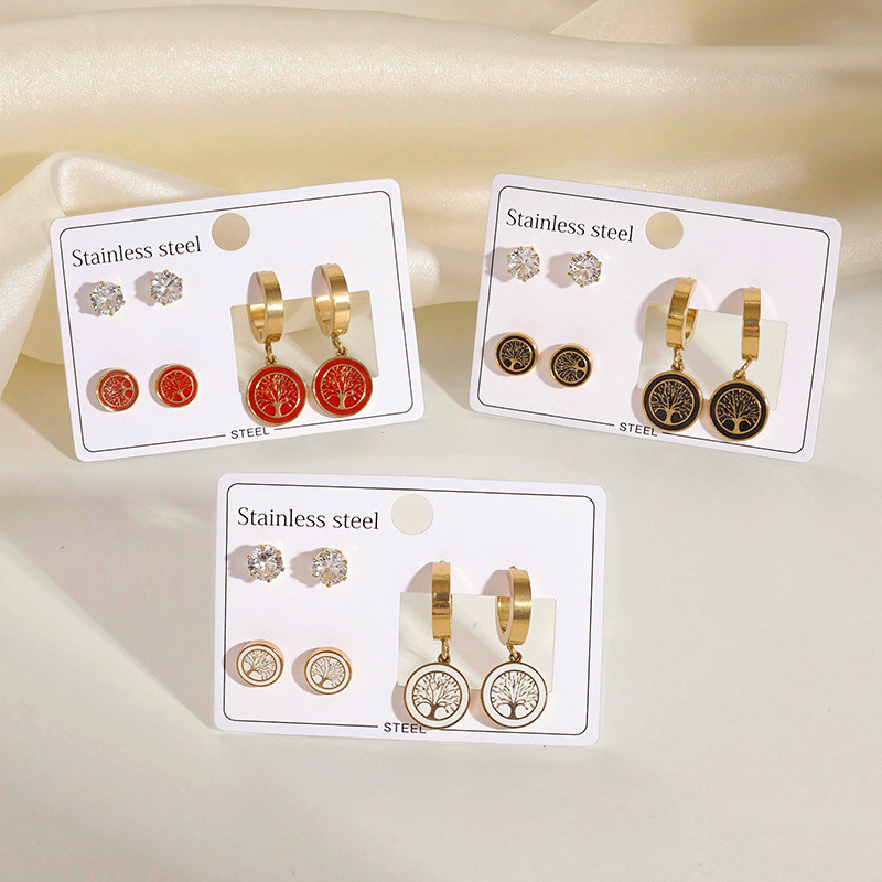 [Titanium Steel] Earrings European and American Cross-Border Tree of Life Heart Owl Vintage Non-Fading Niche Design Earrings for Women